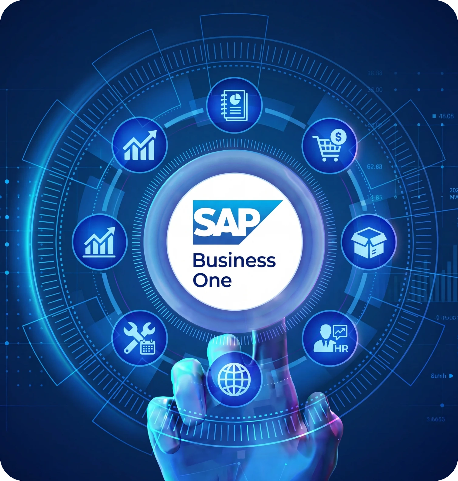 SAP Business One logo in a glowing circular interface with surrounding icons for analytics, finance, procurement, HR, and global operations (tech-forward dashboard).