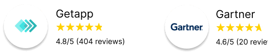 Two circular brand logos with five-star ratings: left logo shows teal chevrons, right logo displays the Gartner name; each has five gold stars beside it.