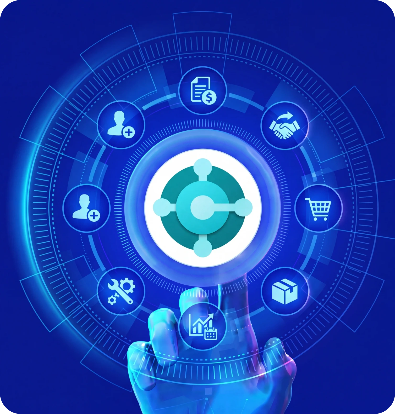 Futuristic blue user interface with a glowing central hub and surrounding circular icons (finance, contact, shopping, settings) held by a translucent hand.