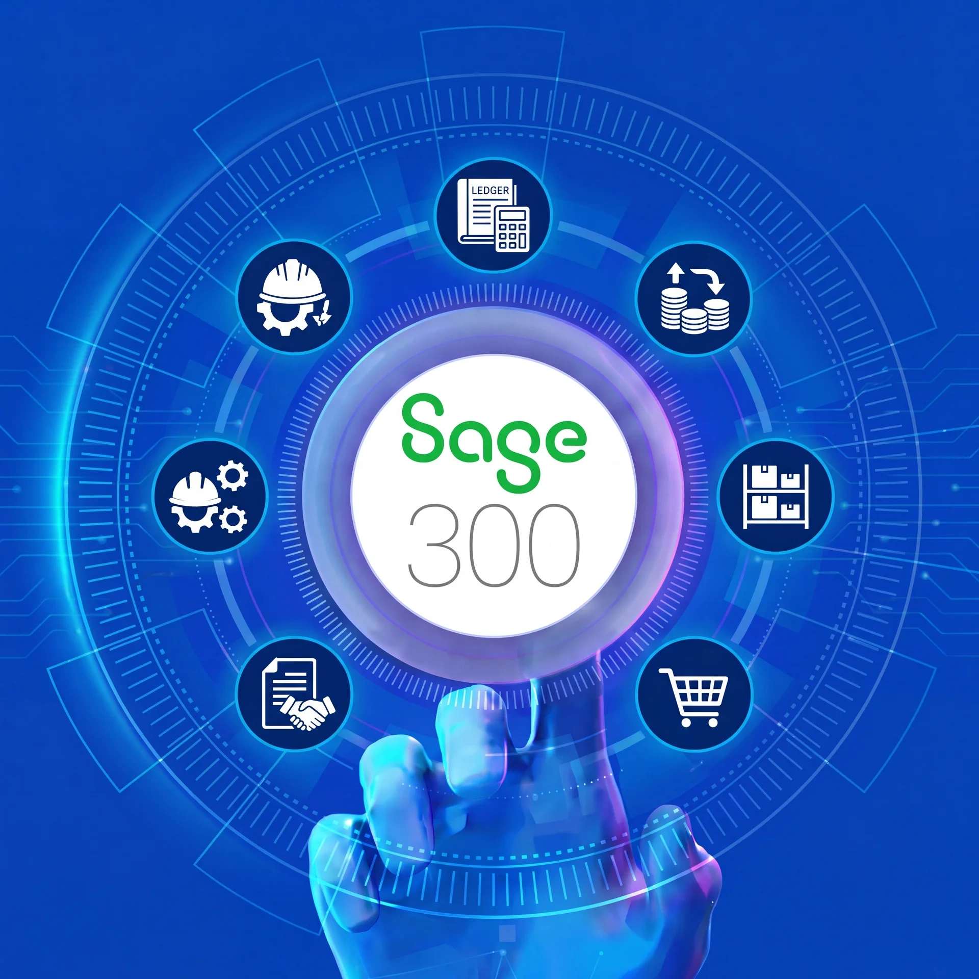 Center shows Sage 300 logo with blue circular tech design and surrounding icons for accounting, inventory/warehouse, and logistics.
