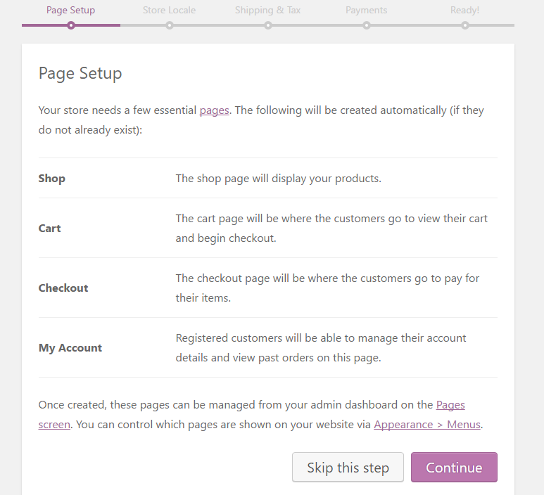 WooCommerce page setup