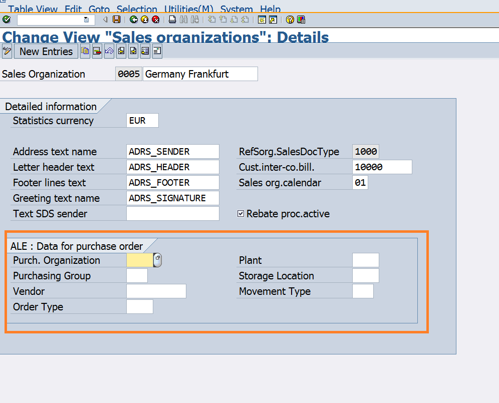 maintain the purchase order information at sales organization level in sap