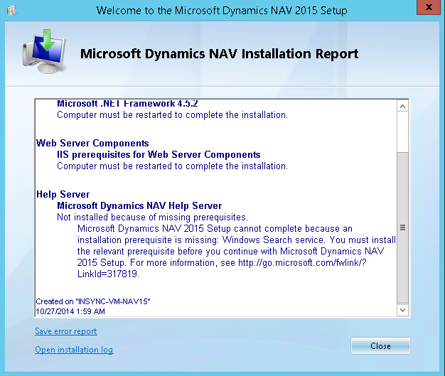 nav 2015 installng report