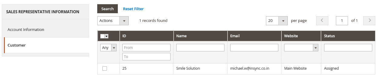 sales representative information in magento