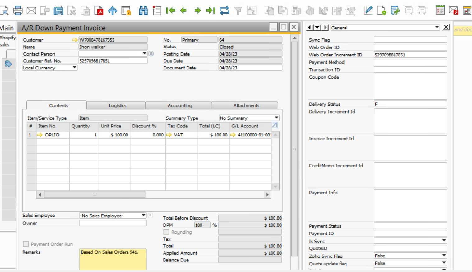 shopify-sap-business-one-integration-ar-downpayment-invoice