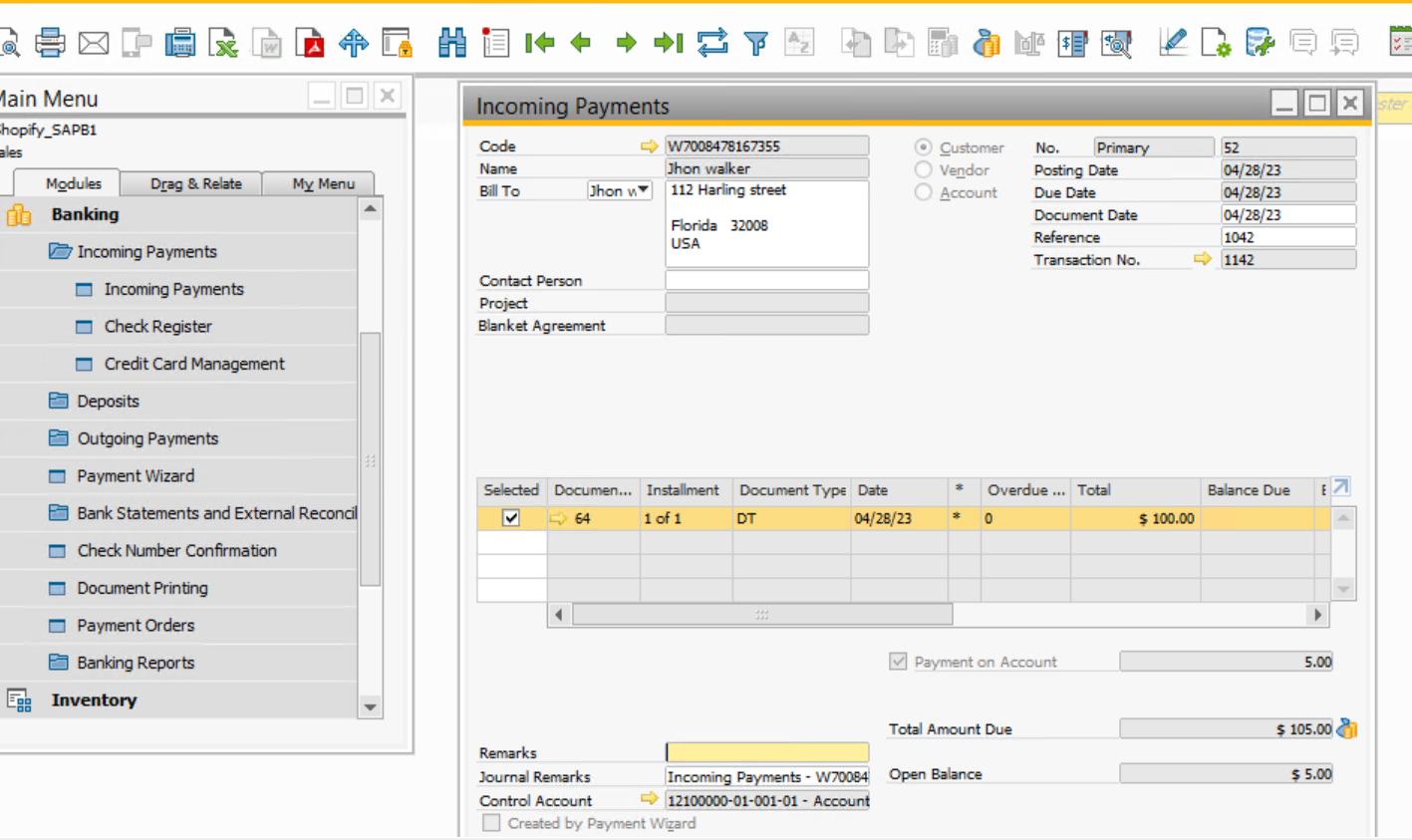shopify-sap-business-one-integration-incoming-payment